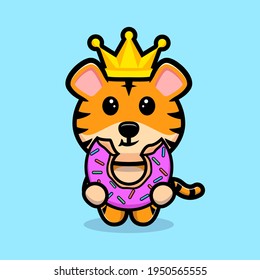 Cute tiger king eating donut cartoon mascot