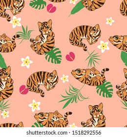 cute tiger kittens seamless pattern, cartoon drawn funny animals, wild cat kitten, with abstract flowers on light background, editable vector illustration