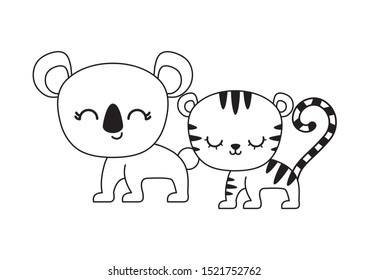 cute tiger with koala animals isolated icon vector illustration design