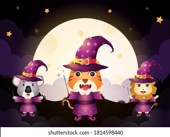a cute tiger, koala and lion with costume witch halloween character on full moon background