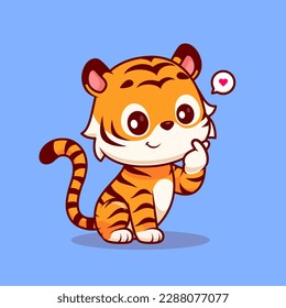 Cute Tiger With Korean Love Sign Hand Cartoon Vector Icon Illustration. Animal Love Icon Concept Isolated Premium Vector. Flat Cartoon Style