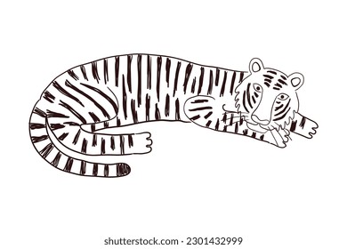 Tigre lindo, dibujando a mano la ilustración del personaje de la caricatura, el dibujo. Arte de línea, diseño de estilo de dibujo, vector aislado. Animales tropicales, vida silvestre de la jungla, gatos grandes, safari, naturaleza, elemento impreso