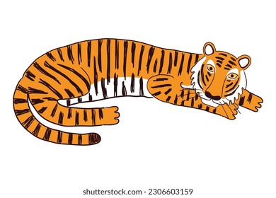 Tigre lindo, dibujando a mano la ilustración del personaje de la caricatura, el dibujo. Arte de línea, diseño de estilo de dibujo, vector aislado. Animales tropicales, vida silvestre de la jungla, gatos grandes, safari, naturaleza, elemento impreso