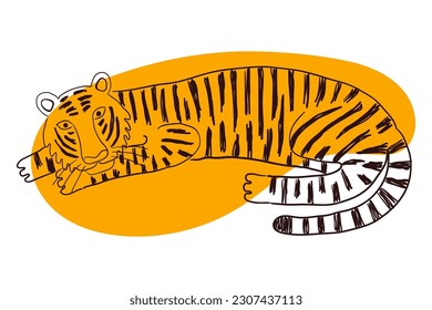 Tigre lindo, dibujando a mano la ilustración del personaje de la caricatura, el dibujo. Arte de línea, diseño de estilo de dibujo, vector aislado. Animales tropicales, vida silvestre de la jungla, gatos grandes, safari, naturaleza, elemento impreso