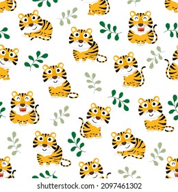 Cute tiger and leaves seamless pattern and background. Animal wildlife cartoon character set. -Vector