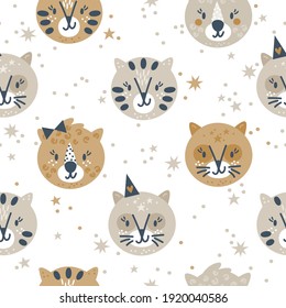 Cute tiger and leopard seamless pattern in pastel color with sprinkle of magic. Kids texture for fabric, wrapping, textile, wallpaper, apparel.
