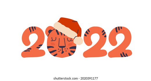 Cute tiger and lettering New Year 2022. Symbol of Chinese New Year. Hand drawn illustration for design. Isolated on a white background. EPS 10