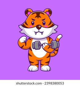 Cute Tiger Lifting Dumbell Cartoon Vector Icons Illustration. Flat Cartoon Concept. Suitable for any creative project.