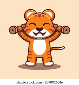 Cute tiger is lifting weights. vector cartoon illustration. Flat cartoon style. Isolated cute tiger. Great for stickers, web landing pages and more.