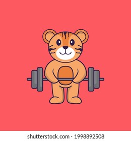 Cute tiger lifts the barbell. Animal cartoon concept isolated. Can used for t-shirt, greeting card, invitation card or mascot. 