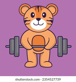 Cute tiger lifts the barbell. Animal cartoon concept isolated. Can used for t-shirt, greeting card, invitation card or mascot