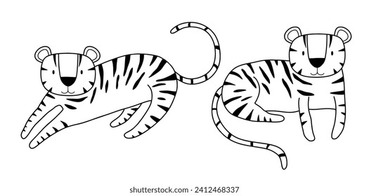 Cute tiger line sketch set. Outline vector illustration.
