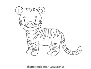 Tigre lindo con estilo de línea. Dibujando a un bebé de gato salvaje africano aislado de fondo blanco. Animales de contorno dulce vectorial para libro de colorantes infantil. Animal de la jungla