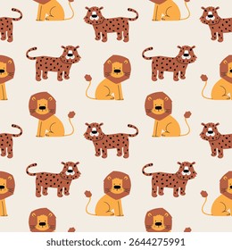 cute tiger and lion drawing for kids fashion pattern as vector