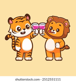 Cute Tiger And Lion Drinking Juice Party Cartoon Vector Icon Illustration. Animal Drink Icon Concept Isolated Premium Vector. Flat Cartoon Style