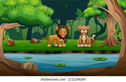 Cute a tiger and lion enjoying by the river