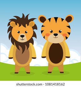 cute tiger and lion in the field characters