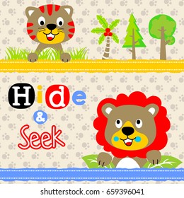 Cute tiger with lion playing hide and seek in forest, vector cartoon illustration