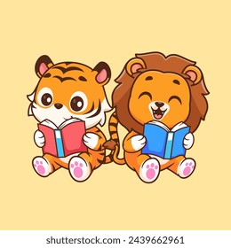 Cute Tiger And Lion Reading Book Cartoon Vector Icon Illustration. Animal Education Icon Concept Isolated Premium Vector. Flat Cartoon Style