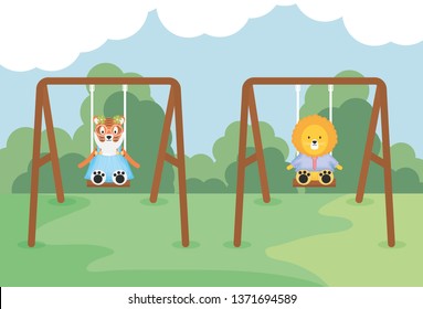 cute tiger and lion in swing