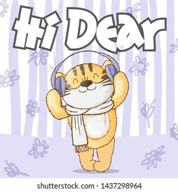 Cute tiger listen music -  animal cartoon character hand drawn style - illustration for kids