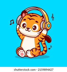 Cute Tiger Listening Music With Headphone Cartoon Vector Icon Illustration. Animal Music Icon Concept Isolated Premium Vector. Flat Cartoon Style