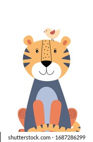 Cute tiger and little bird. Poster for baby room. Childish print for nursery. Design can be used for fashion t-shirt, greeting card, baby shower. Vector illustration.