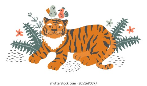 Cute tiger with little birds on white background. Vector hand-drawn childish illustration perfect for poster, print or card. Tropical plants and flowers