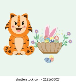 Cute Tiger and Little Bunny In Basket With Decorated Eggs - Easter Card