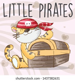 Cute tiger little pirates hand drawn style - animal cartoon character- illustration for kids