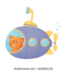 Cute Tiger Looking Out of Submarine Window Vector Illustration