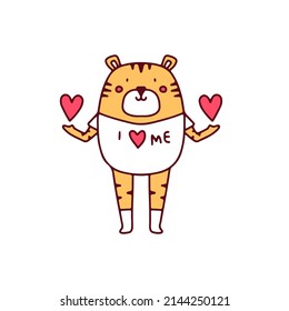 Cute tiger with love symbol, illustration for t-shirt, sticker, or apparel merchandise. With doodle, retro, and cartoon style.