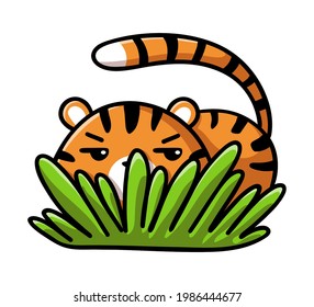 Tigre lindo acechando en el arbusto. Ilustración vectorial plana en estilo de dibujos animados. Carácter animal para pegatinas, impresiones, tarjetas y otros diseños. 