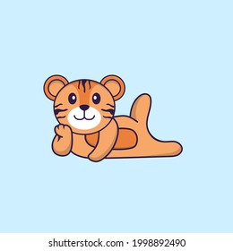 Cute tiger lying down. Animal cartoon concept isolated. Can used for t-shirt, greeting card, invitation card or mascot.