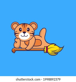 Cute tiger lying on Magic Broom. Animal cartoon concept isolated. Can used for t-shirt, greeting card, invitation card or mascot.