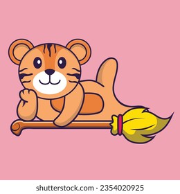 Cute tiger lying on Magic Broom. Animal cartoon concept isolated. Can used for t-shirt, greeting card, invitation card or mascot