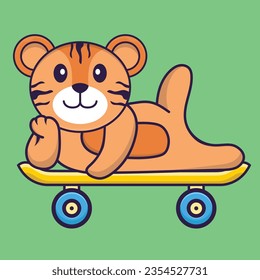 Cute tiger lying on a skateboard. Animal cartoon concept isolated. Can used for t-shirt, greeting card, invitation card or mascot