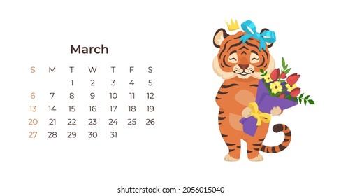 Cute tiger March 2022 calendar horizontal template. Adorable funny tiger holding flowers isolated on white background. Wall poster, calendar page and kawaii cartoon character. Month planner design