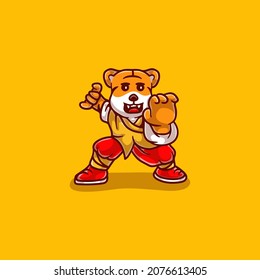 cute tiger martial arts illustration celebrating chinese new year, suitable for design t-shirts, mascots or stickers about happy chinese new year or martial arts