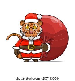 cute tiger mascot, carrying red bundle bag and wearing santa claus costume, cute animal character wearing christmas costume, front view. kawaii and shiny style, perfect for christmas content