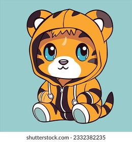 Cute tiger mascot wearing a jacket hoodie. Cartoon vector icon. Flat Cartoon Style