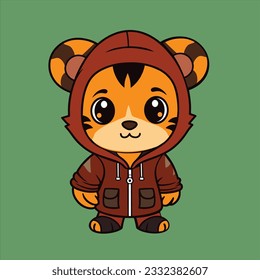 Cute tiger mascot wearing a jacket hoodie. Cartoon vector icon. Flat Cartoon Style.