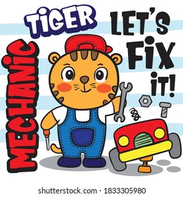 Cute tiger mechanic cartoon for t shirt