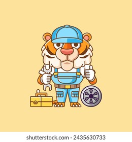Netter Tiger-Mechaniker mit Werkzeug in der Werkstatt Cartoon Tierfigur Maskottchen Icon Flat Style Illustration Konzept Set