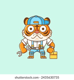 Cute tiger mechanic with tool at workshop cartoon animal character mascot icon flat style illustration concept set
