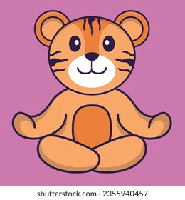 Cute tiger is meditating or doing yoga. Animal cartoon concept isolated. Can used for t-shirt, greeting card, invitation card or mascot.