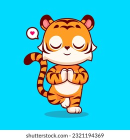 Cute Tiger Meditation Yoga Cartoon Vector Icon Illustration. Animal Sport Icon Concept Isolated Premium Vector. Flat Cartoon Style