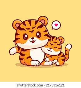 Cute Tiger Mom With Cub Tiger Cartoon Vector Icon Illustration. Animal Nature Icon Concept Isolated Premium Vector. Flat Cartoon Style