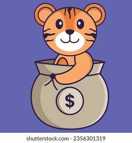 Cute tiger in a money bag. Animal cartoon concept isolated. Can used for t-shirt, greeting card, invitation card or mascot.