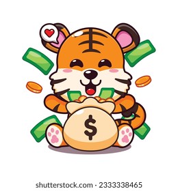 cute tiger with money bag cartoon vector illustration.